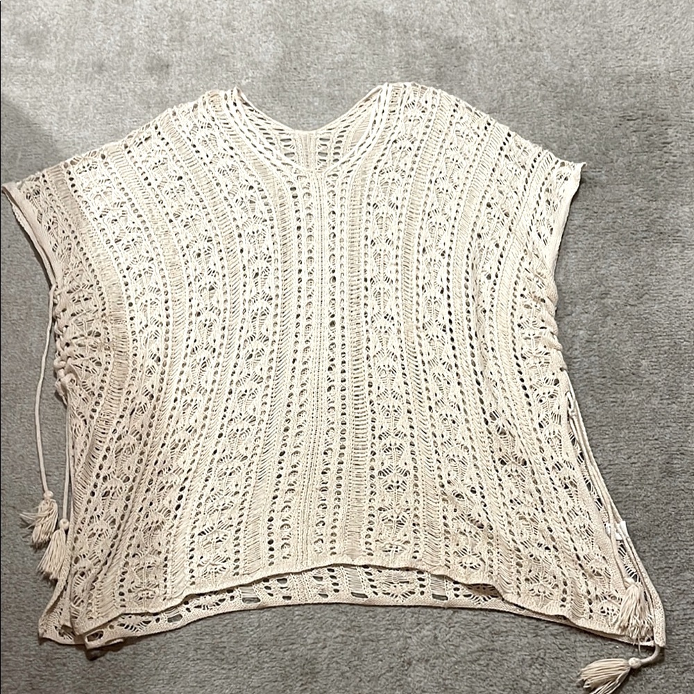 Womens Tunic Small Beige Crochet Tassel Relaxed Sheer Hippie Boho